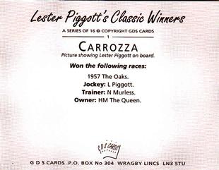 2000 GDS Cards Lester Piggott's Classic Winners #1 Carrozza Back
